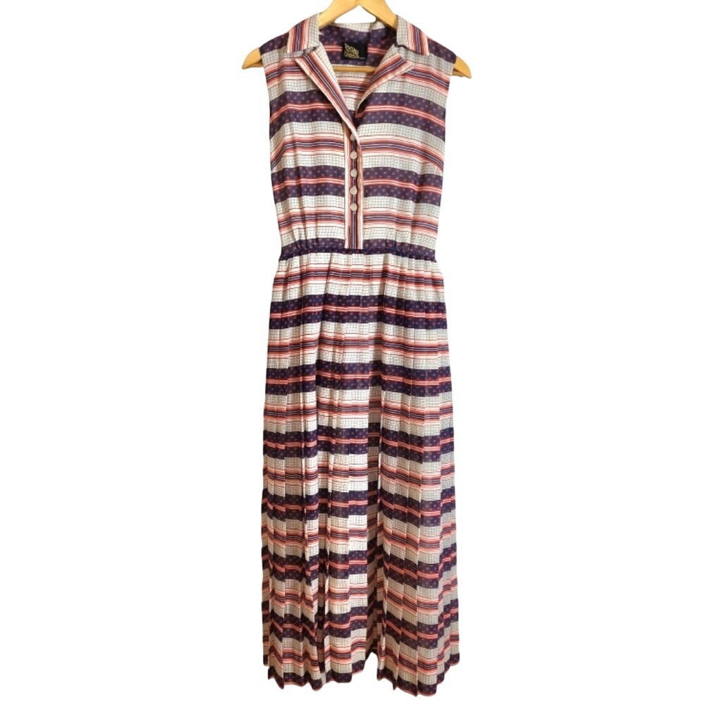 Vintage 60s Randy Collection Pleated Sleeveless Stripeโ Maxi Dress XS